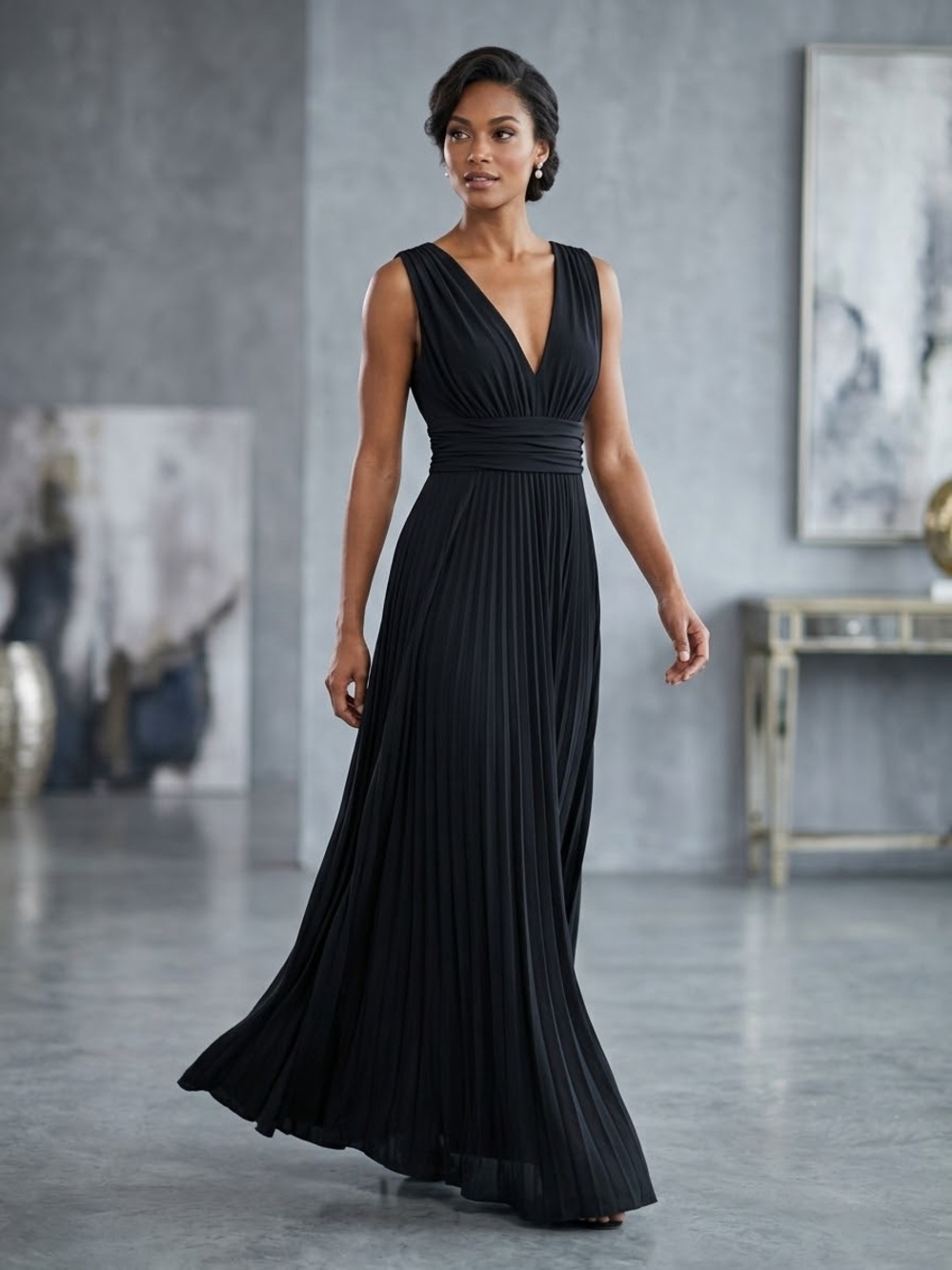 Suzi Chin x Maggy Boutique black goth sleeveless v-neck pleated maxi dress 4